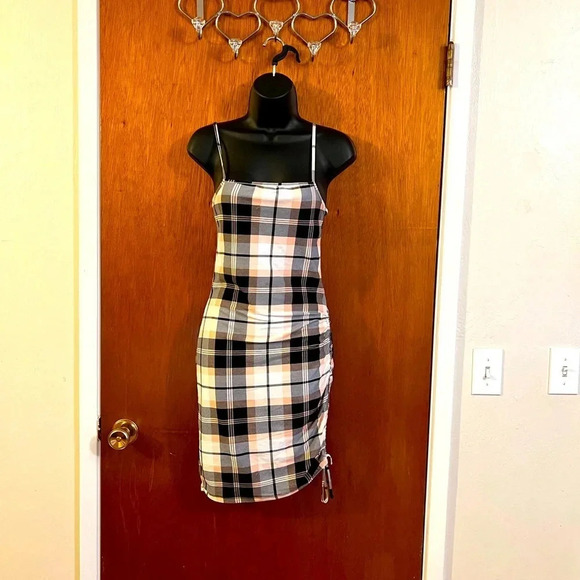 J for Justify Pink, White and Black Plaid Pattern Dress with Sinch Side - Picture 1 of 14